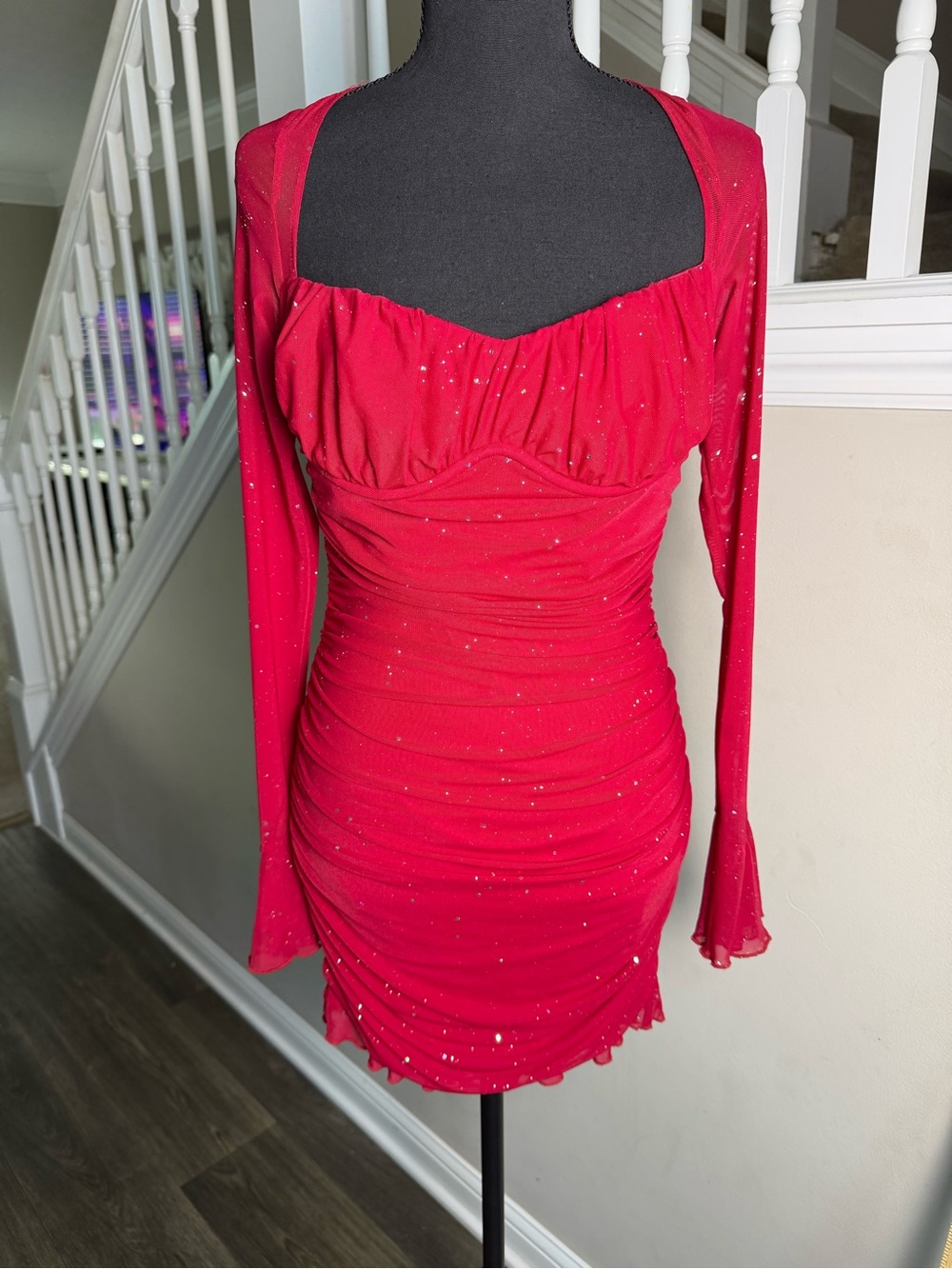 SHEIN Red Ruched Long-Sleeve Mini Dress